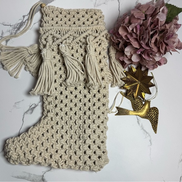 Macrame Cream White Bohemian Christmas Stocking - Picture 2 of 7